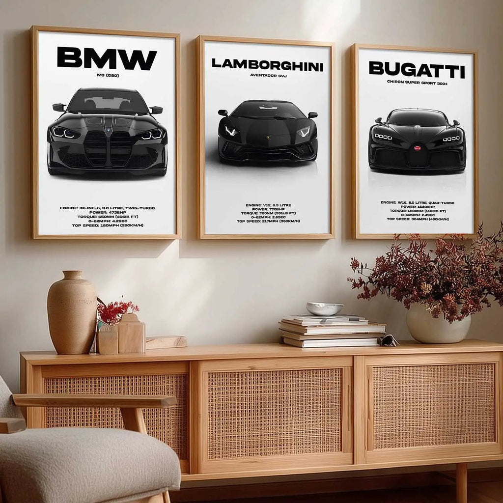 Big BMW M3, Lamborghini Aventador, Bugatti Chiron Cars Wall Art Paintings for Living Room Bedroom
