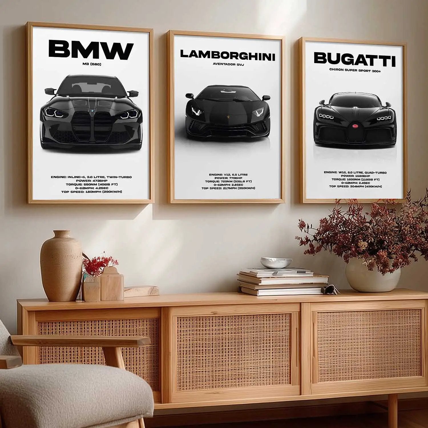 Big BMW M3, Lamborghini Aventador, Bugatti Chiron Cars Wall Art Paintings for Living Room Bedroom