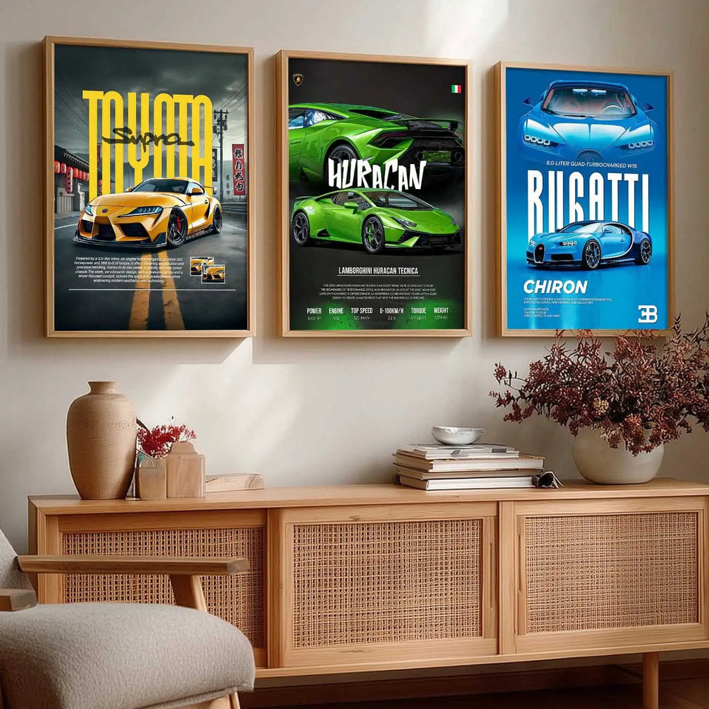Big Toyota Supra, Lamborghini Huracan, bugatti Chiron Cars Wall Art Paintings for Living Room Bedroom