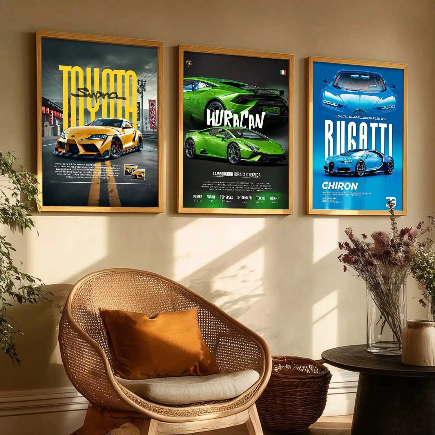 Big Toyota Supra, Lamborghini Huracan, bugatti Chiron Cars Wall Art Paintings for Living Room Bedroom