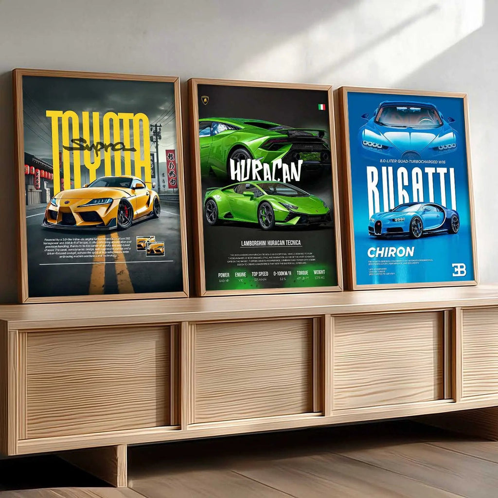 Big Toyota Supra, Lamborghini Huracan, bugatti Chiron Cars Wall Art Paintings for Living Room Bedroom