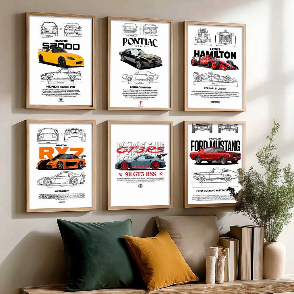 Porsche 911 Ford Mustang Formula 1 Car Wall Art Paintings with Frame for Living Room Bedroom