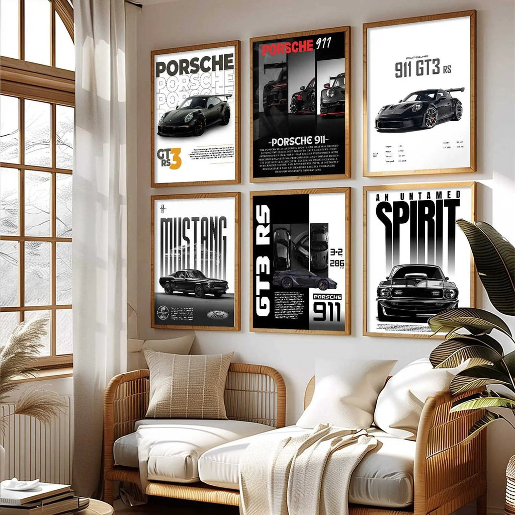 Porsche 911 GT3RS Ford Mustang Car Wall Art Paintings with Frame for Living Room Bedroom
