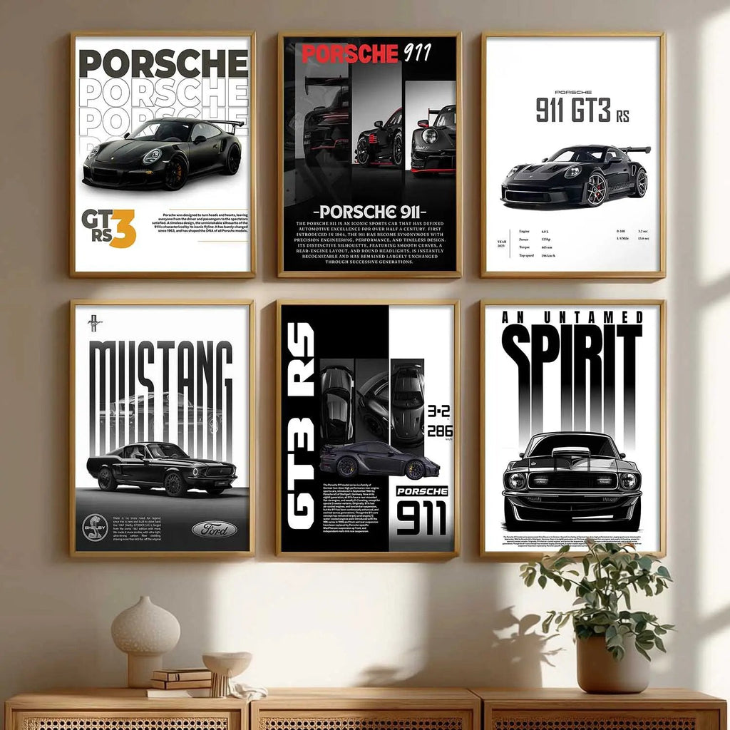 Porsche 911 GT3RS Ford Mustang Car Wall Art Paintings with Frame for Living Room Bedroom
