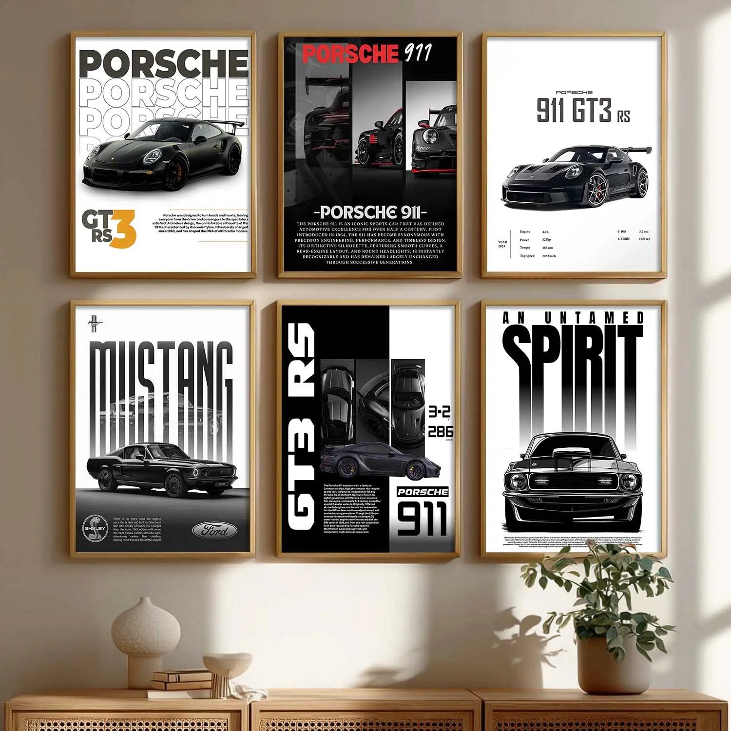 Porsche 911 GT3RS Ford Mustang Car Wall Art Paintings with Frame for Living Room Bedroom
