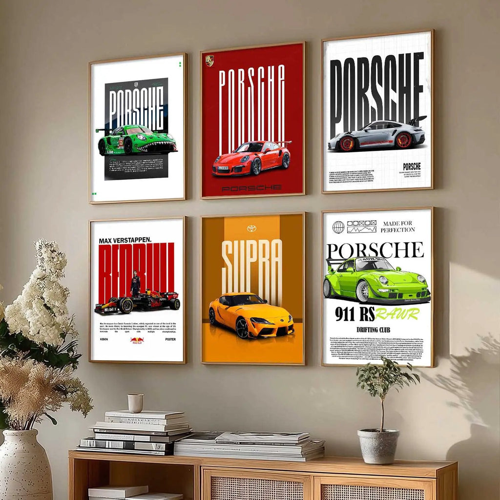 Porsche 911GT Toyota Supra Car Wall Art Paintings with Frame for Living Room Bedroom