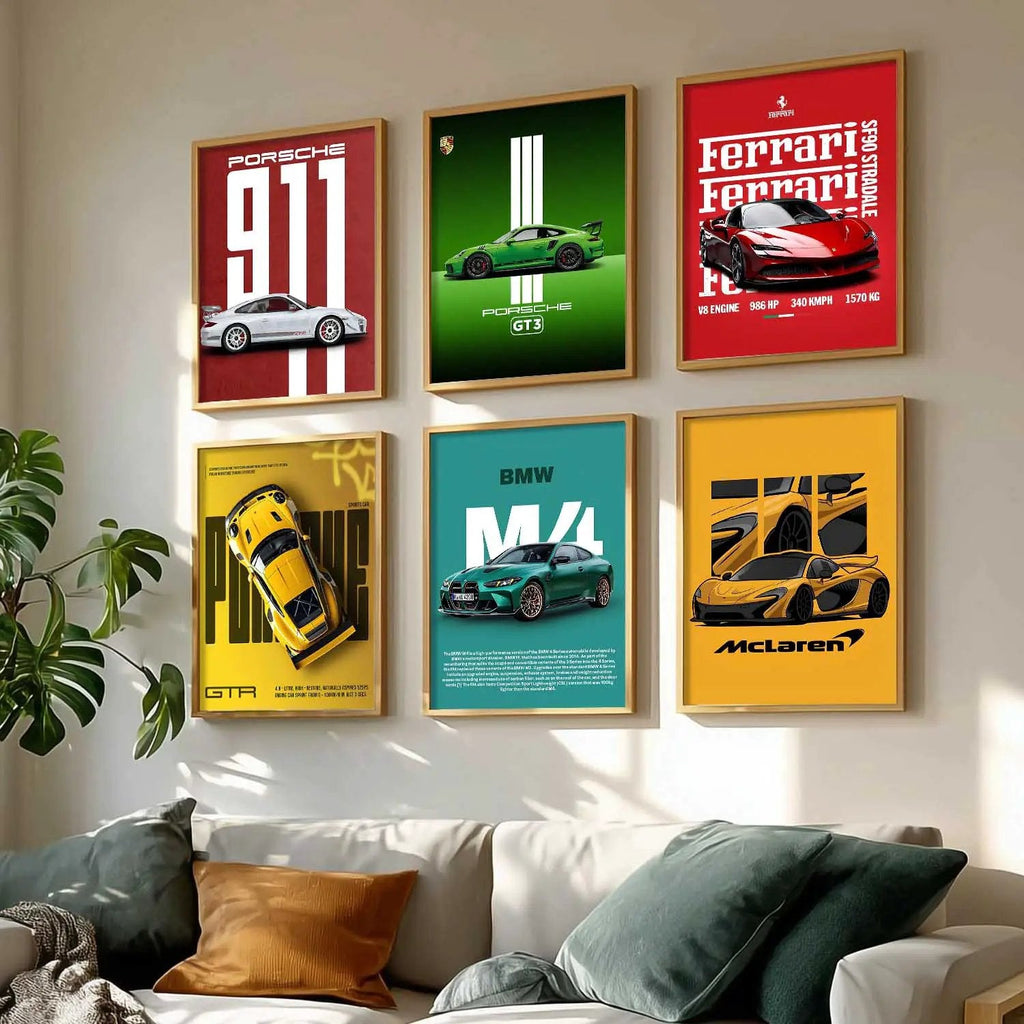 Porsche 911 BMW M4 McLaren Ferrari Car Wall Art Paintings with Frame for Living Room Bedroom