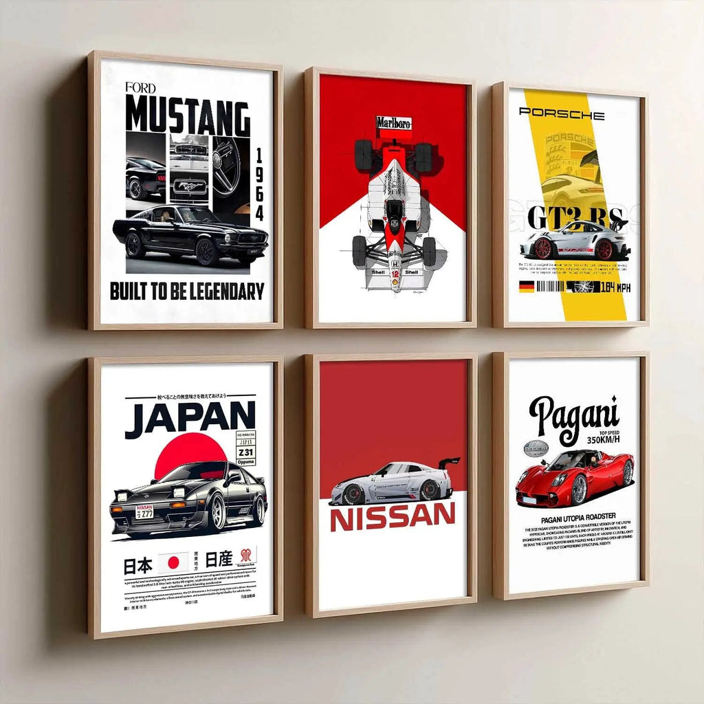 Porsche 911 Ford Mustang Nissan GT Car Wall Art Paintings with Frame for Living Room Bedroom