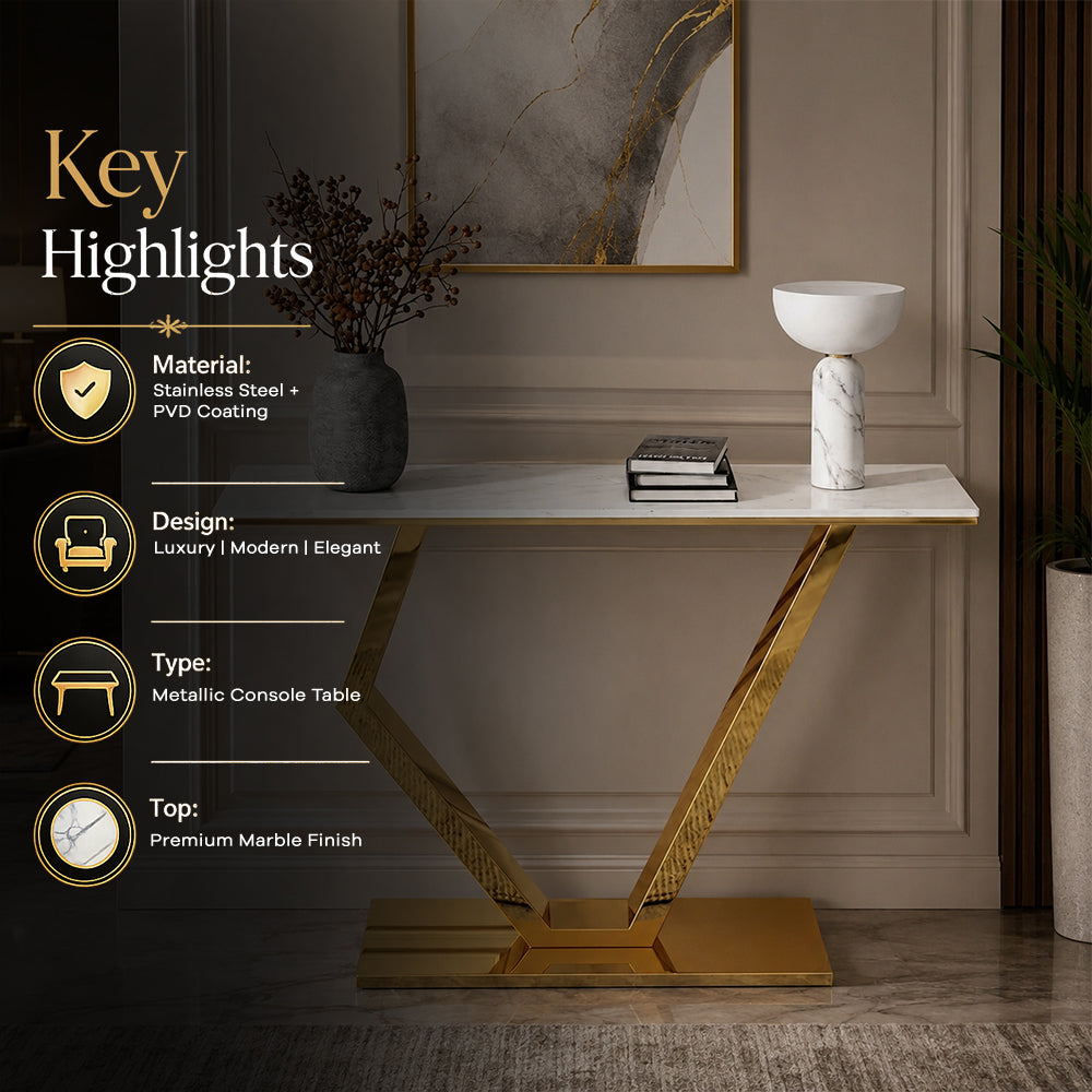 Premium Stainless Steel Console Table with Marble Top | Gold Luxury Hallway Table