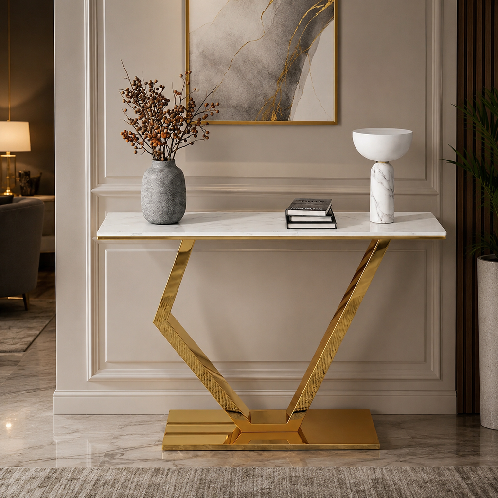 Premium Stainless Steel Console Table with Marble Top | Gold Luxury Hallway Table