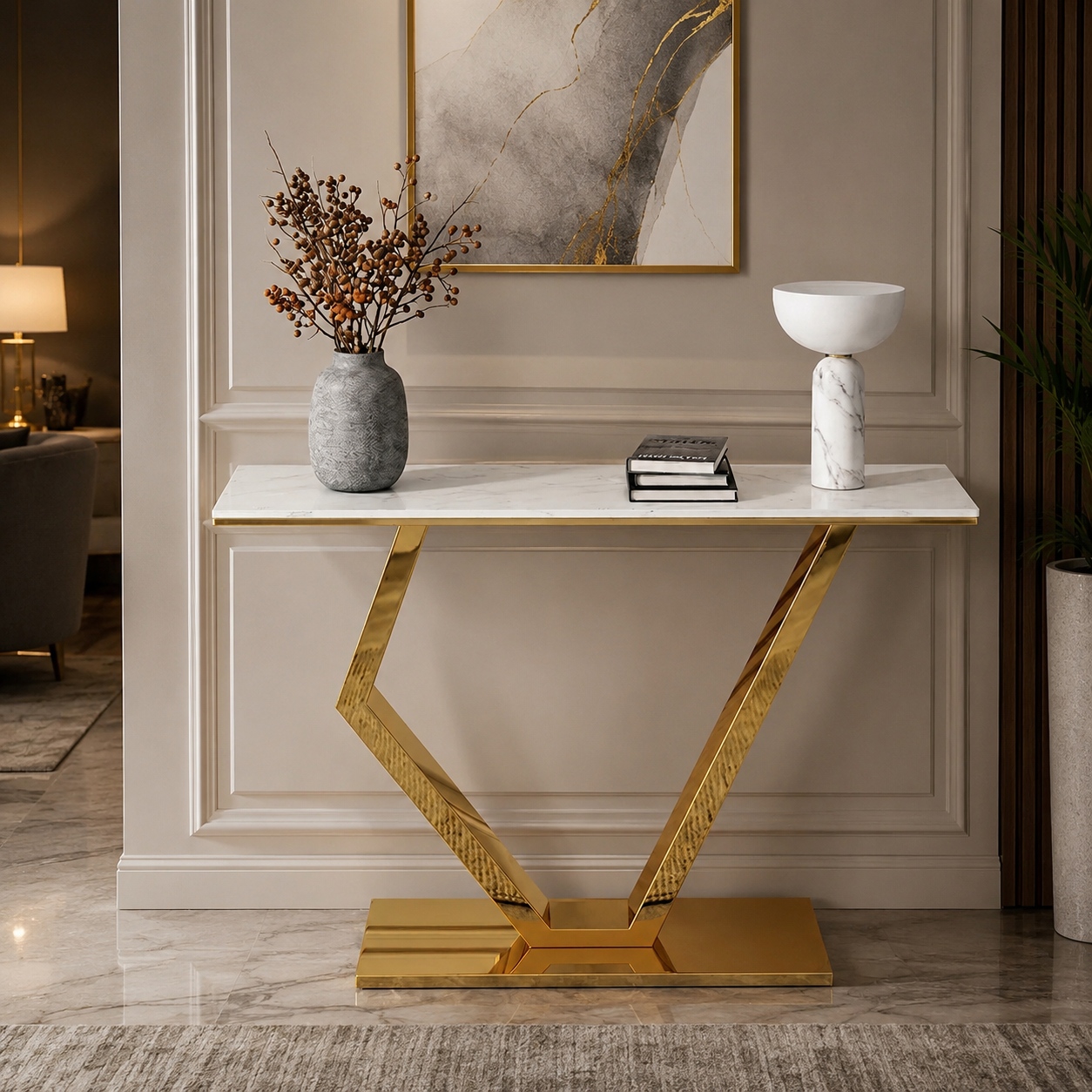 Premium Stainless Steel Console Table with Marble Top | Gold Luxury Hallway Table