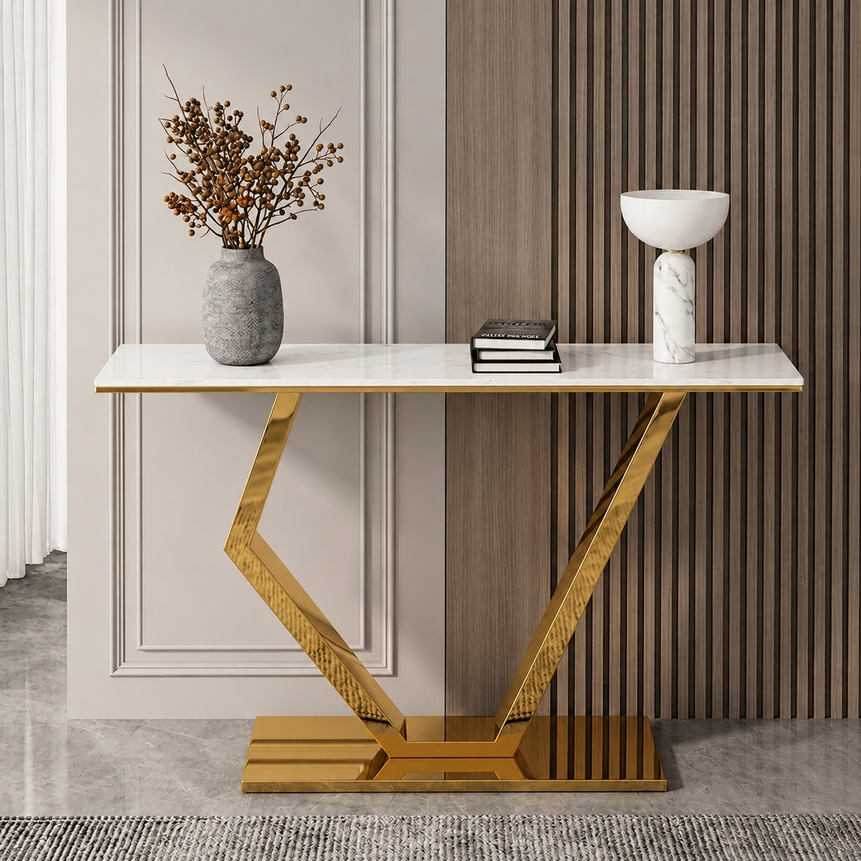 Premium Stainless Steel Console Table with Marble Top | Gold Luxury Hallway Table