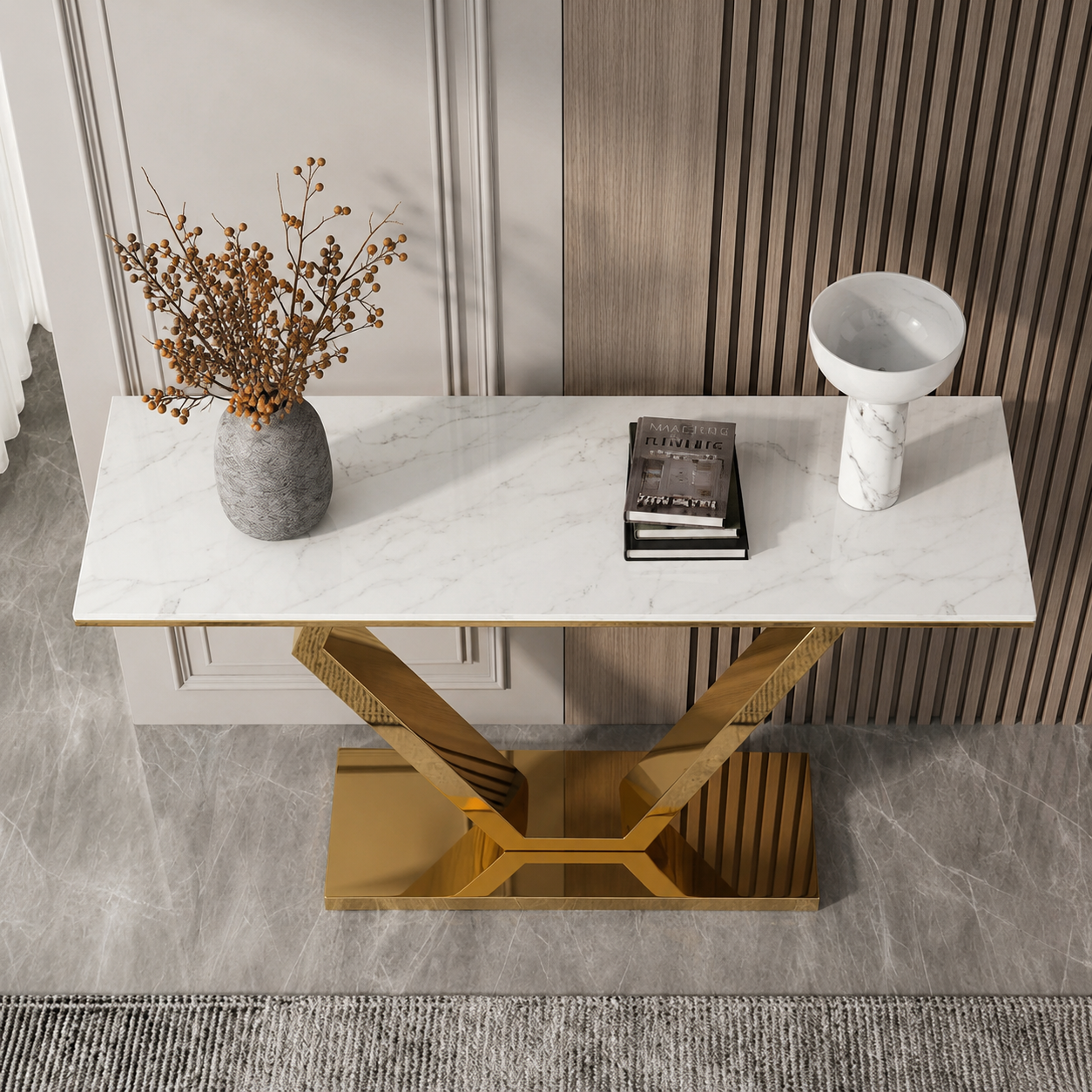 Premium Stainless Steel Console Table with Marble Top | Gold Luxury Hallway Table