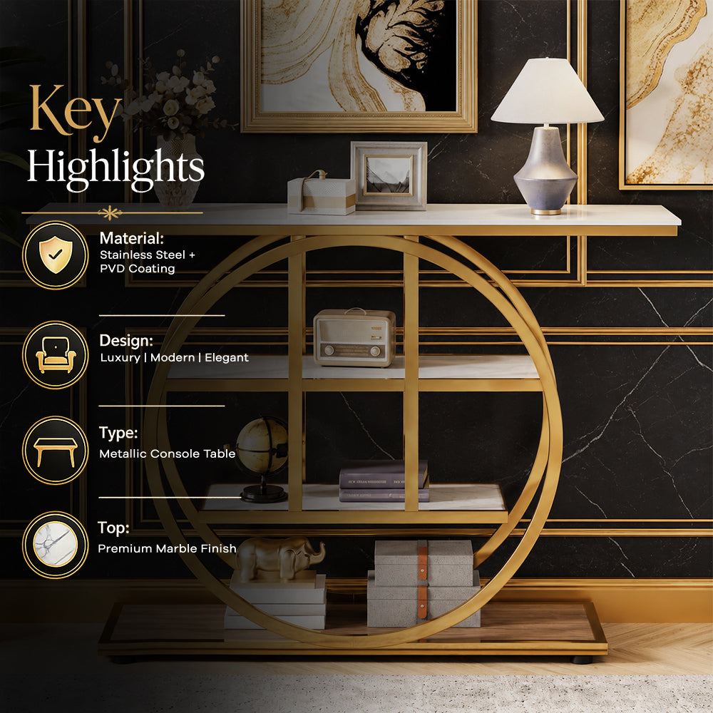 Luxury Modern Console Table | Gold Stainless Steel Frame with Marble Display Shelves