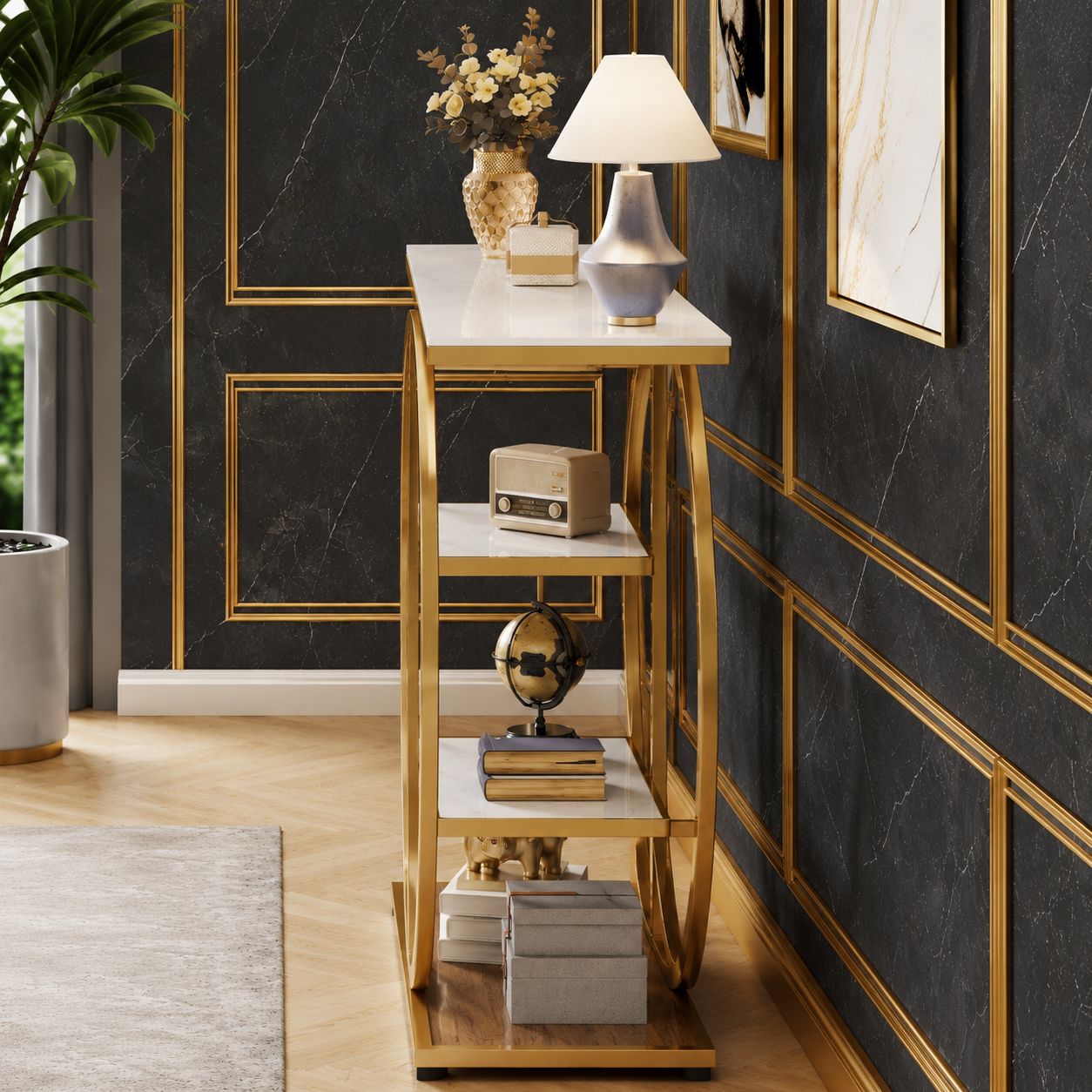 Luxury Modern Console Table | Gold Stainless Steel Frame with Marble Display Shelves