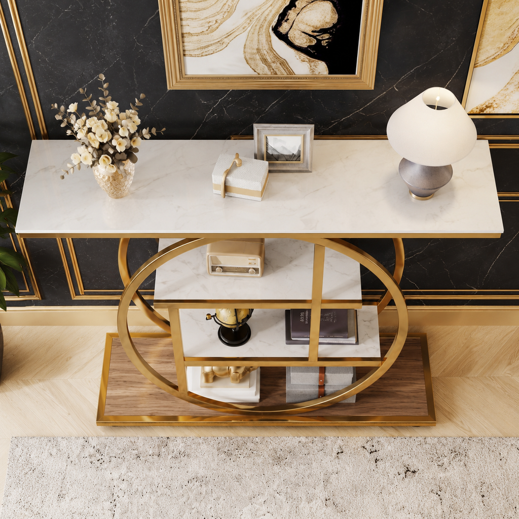 Luxury Modern Console Table | Gold Stainless Steel Frame with Marble Display Shelves