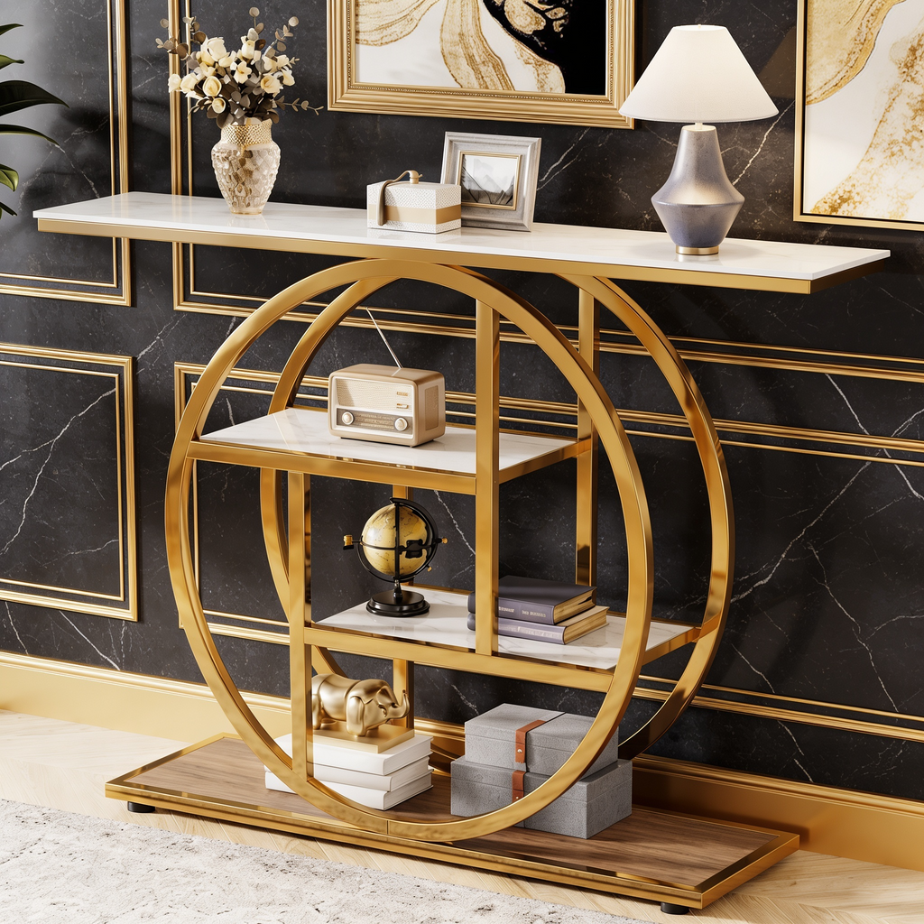 Luxury Modern Console Table | Gold Stainless Steel Frame with Marble Display Shelves