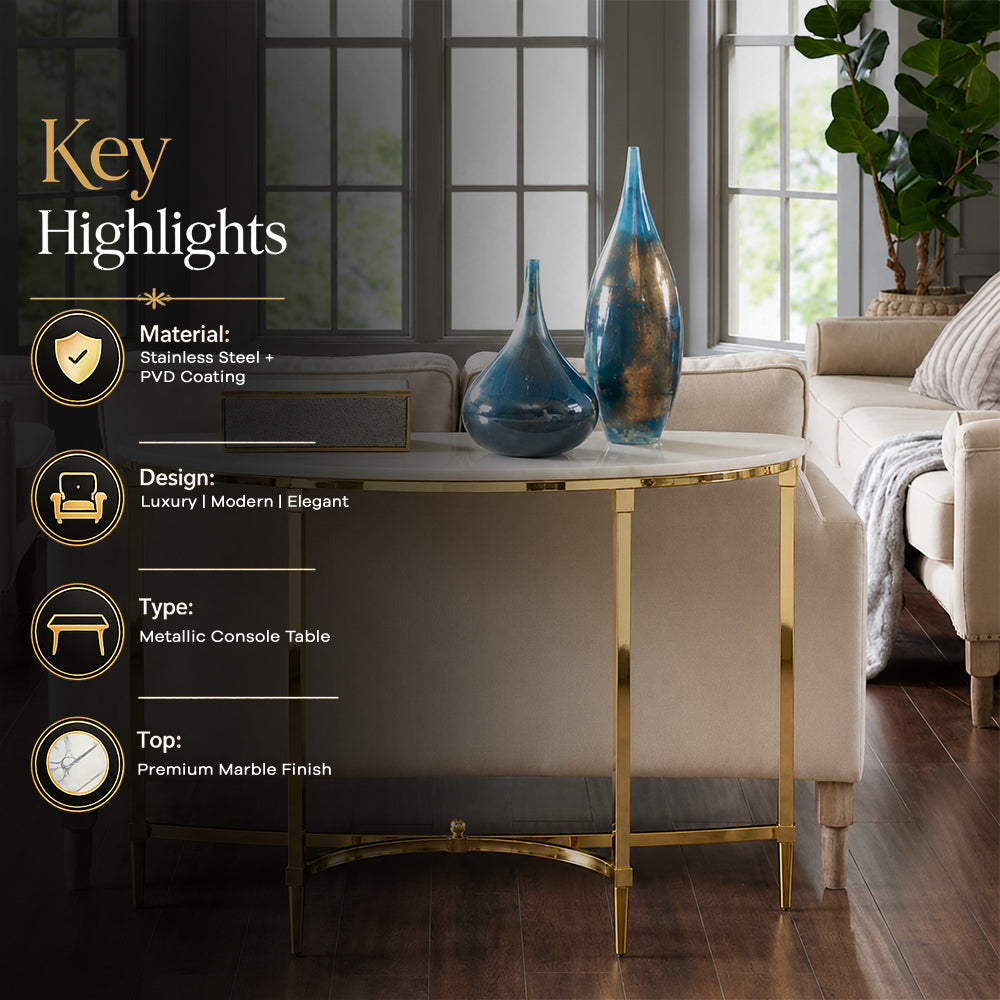 Luxury Modern Console Table | SS Metal Frame with Marble Top for Living Room