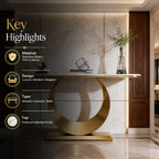 Luxury Gold SS Metal Console Table with White Marble Top | Crescent Base Entryway Table
