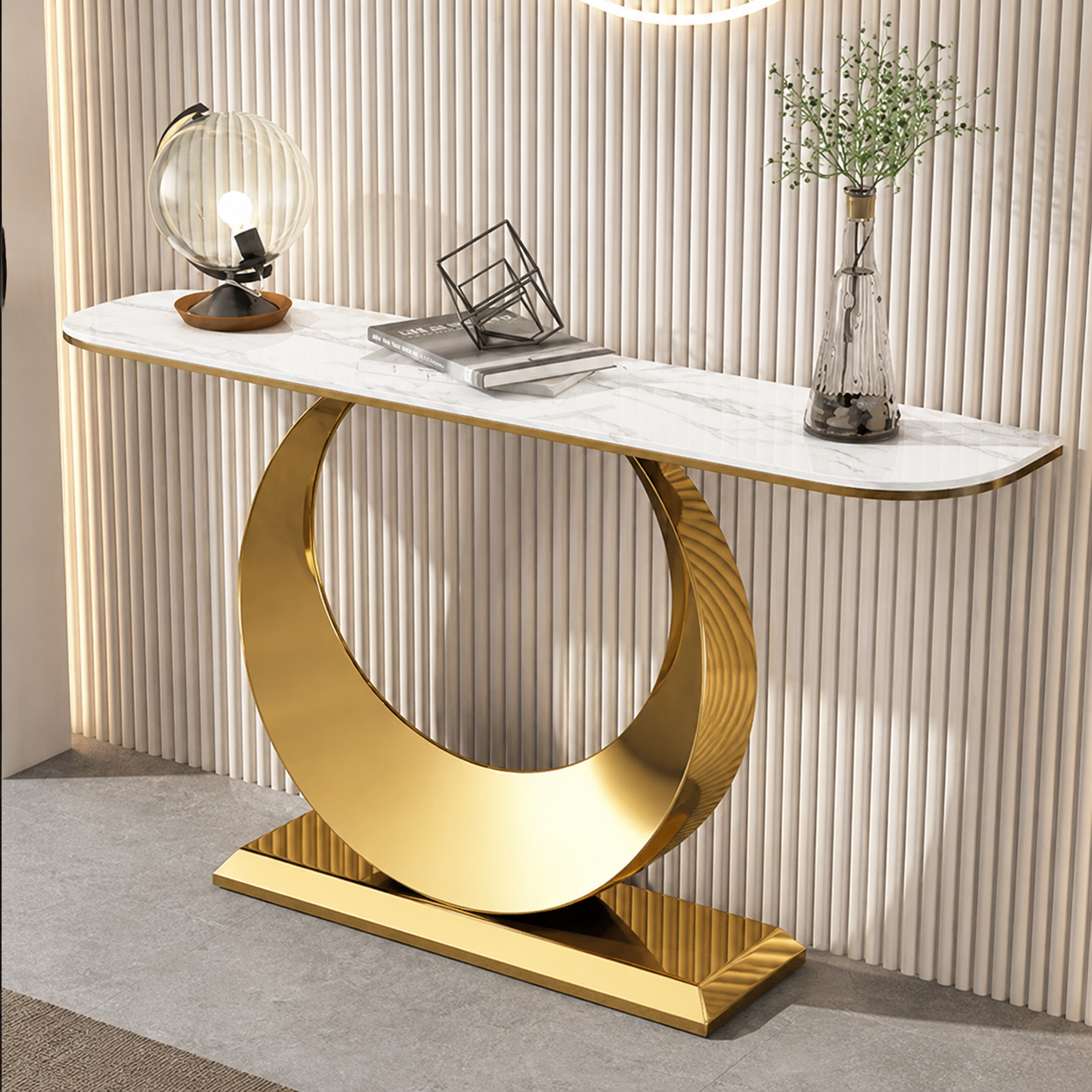 Luxury Gold SS Metal Console Table with White Marble Top | Crescent Base Entryway Table