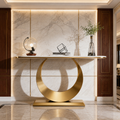 Luxury Gold SS Metal Console Table with White Marble Top | Crescent Base Entryway Table