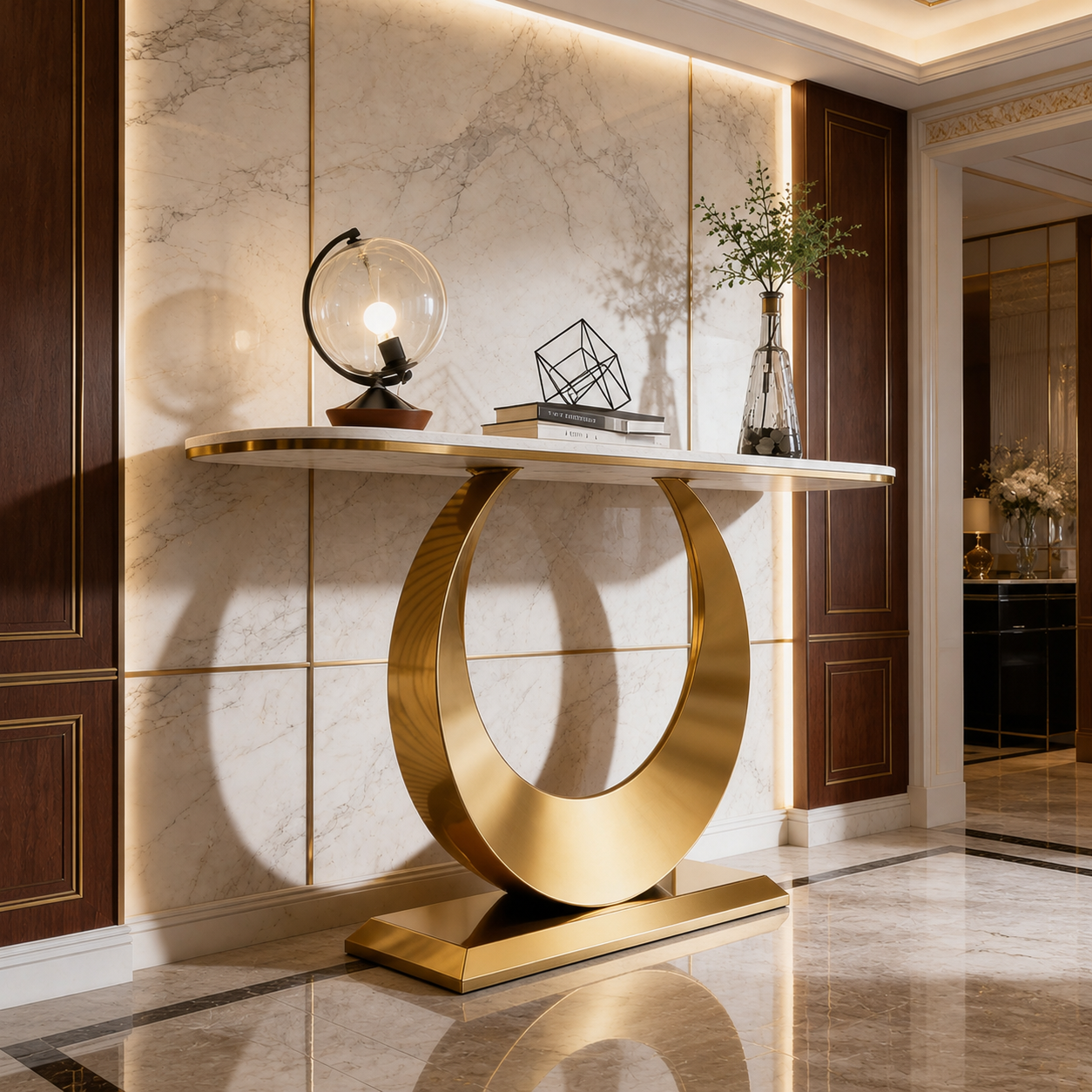 Luxury Gold SS Metal Console Table with White Marble Top | Crescent Base Entryway Table