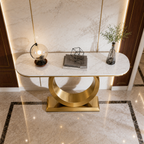 Luxury Gold SS Metal Console Table with White Marble Top | Crescent Base Entryway Table