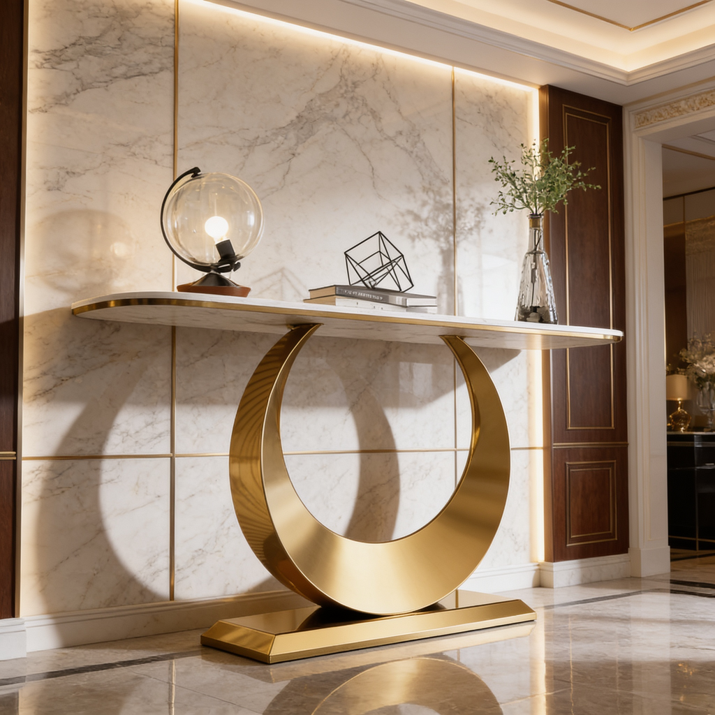 Luxury Gold SS Metal Console Table with White Marble Top | Crescent Base Entryway Table