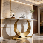 Luxury Gold SS Metal Console Table with White Marble Top | Crescent Base Entryway Table