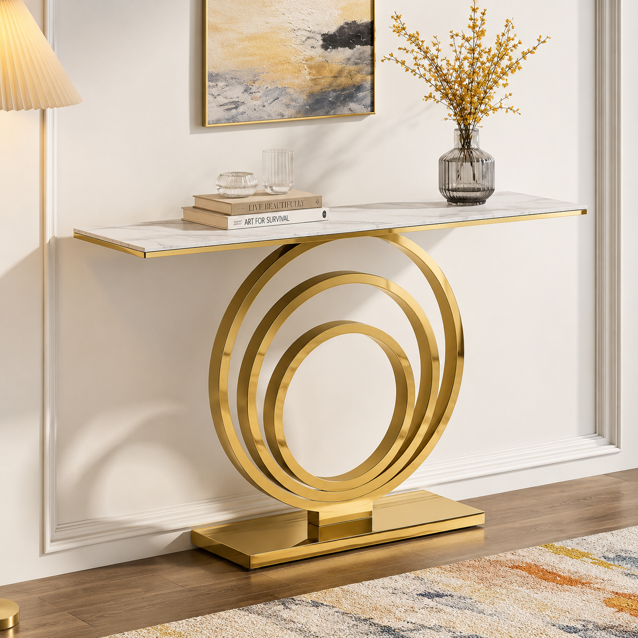 Designer Stainless Steel Console Table | White Marble Top with Gold Shelf Base