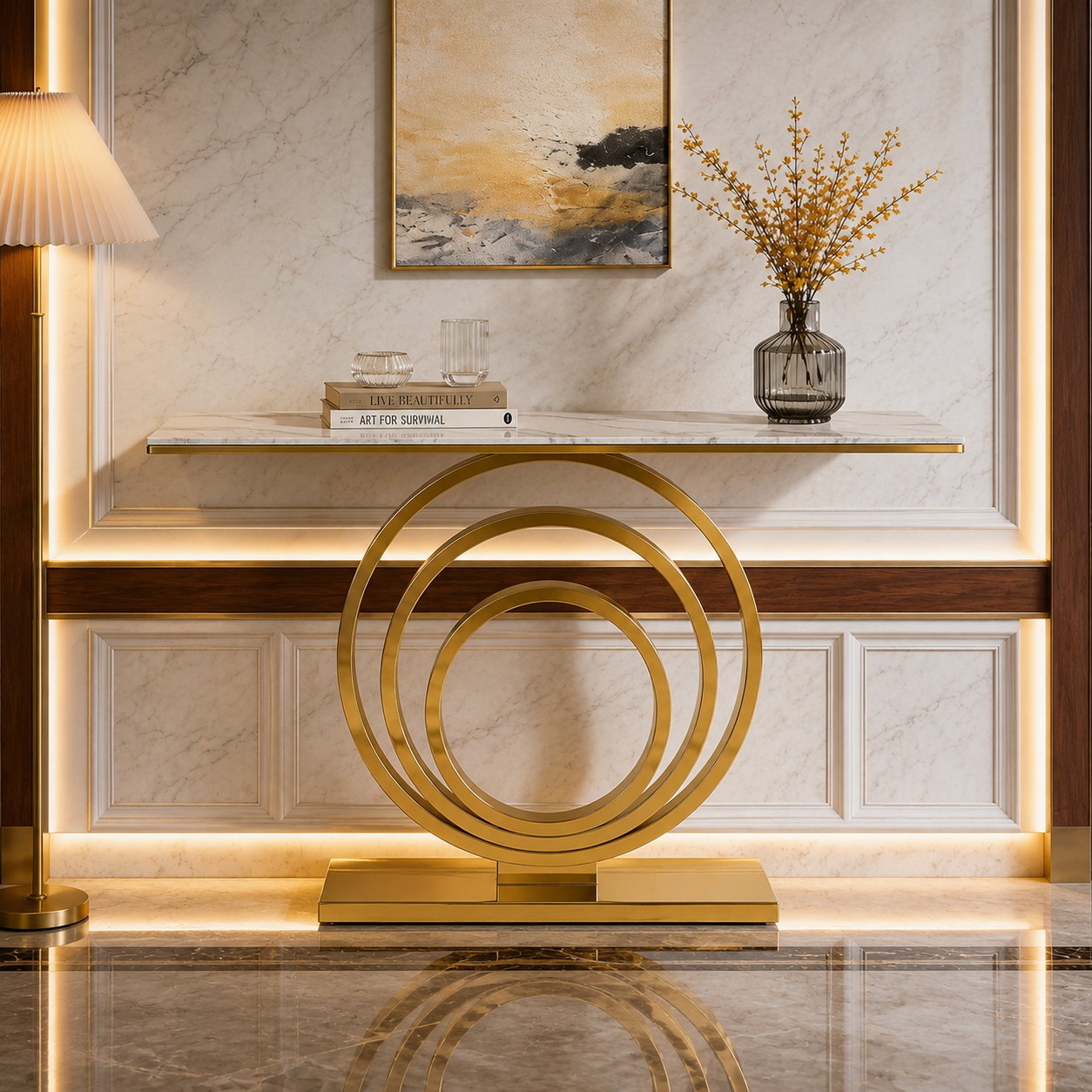 Designer Stainless Steel Console Table | White Marble Top with Gold Shelf Base