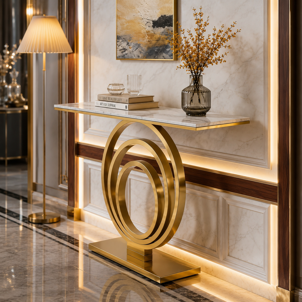 Designer Stainless Steel Console Table | White Marble Top with Gold Shelf Base