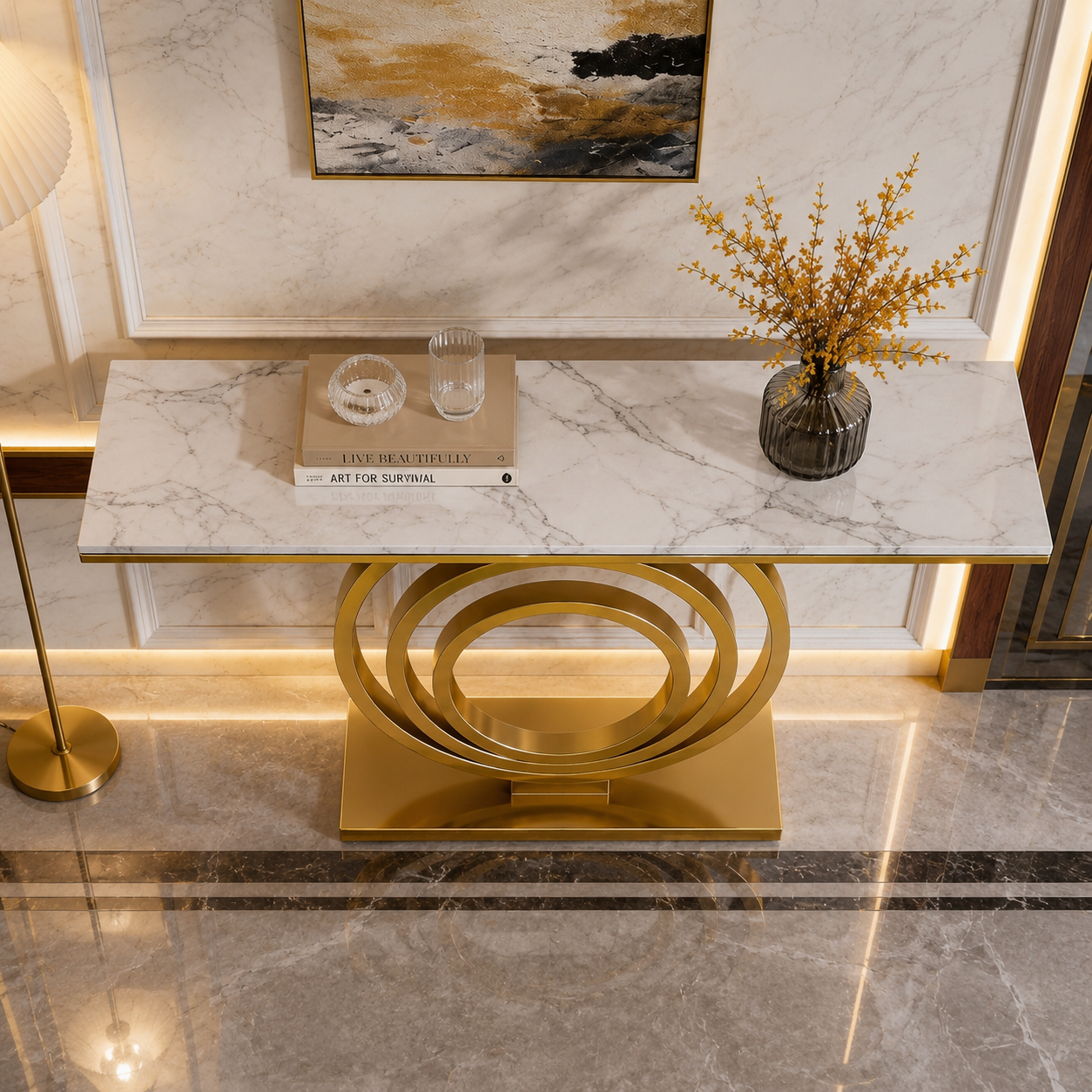 Designer Stainless Steel Console Table | White Marble Top with Gold Shelf Base