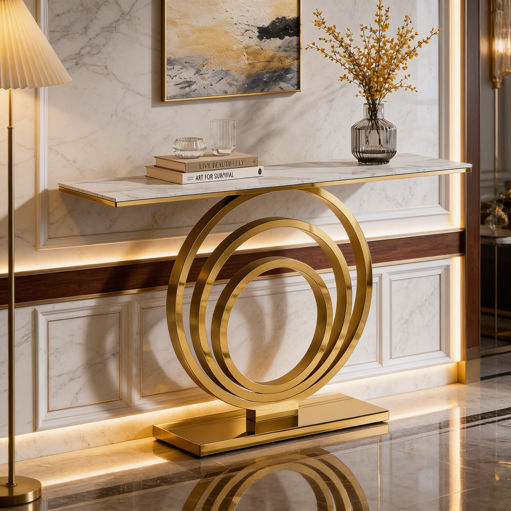 Designer Stainless Steel Console Table | White Marble Top with Gold Shelf Base