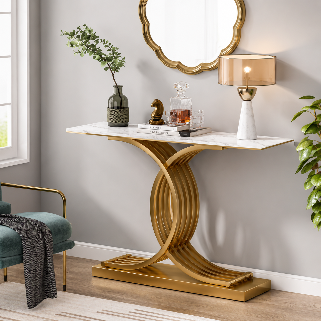 Elegant Gold Stainless Steel Base Luxury Marble Console Table