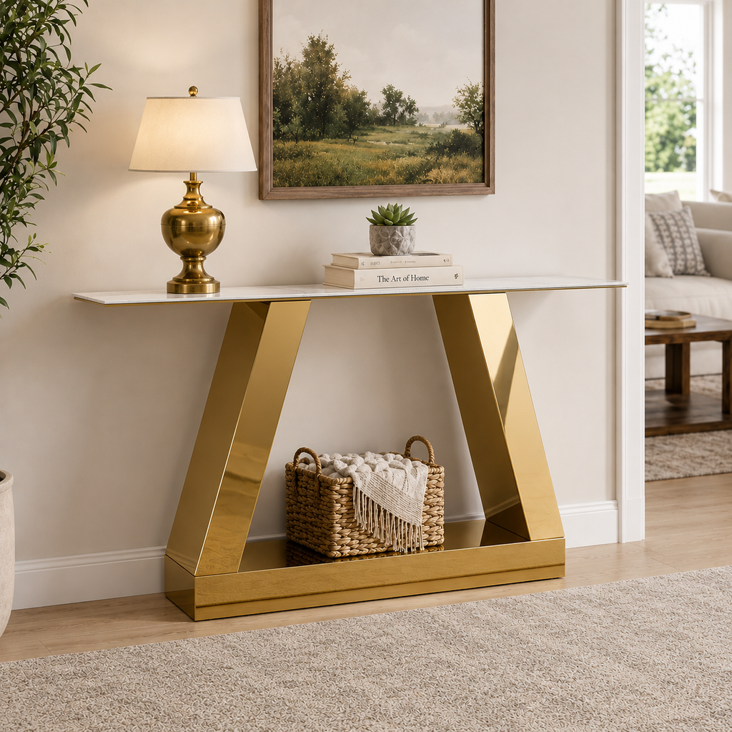 Contemporary Gold Stainless Steel Console Table with White Marble Top