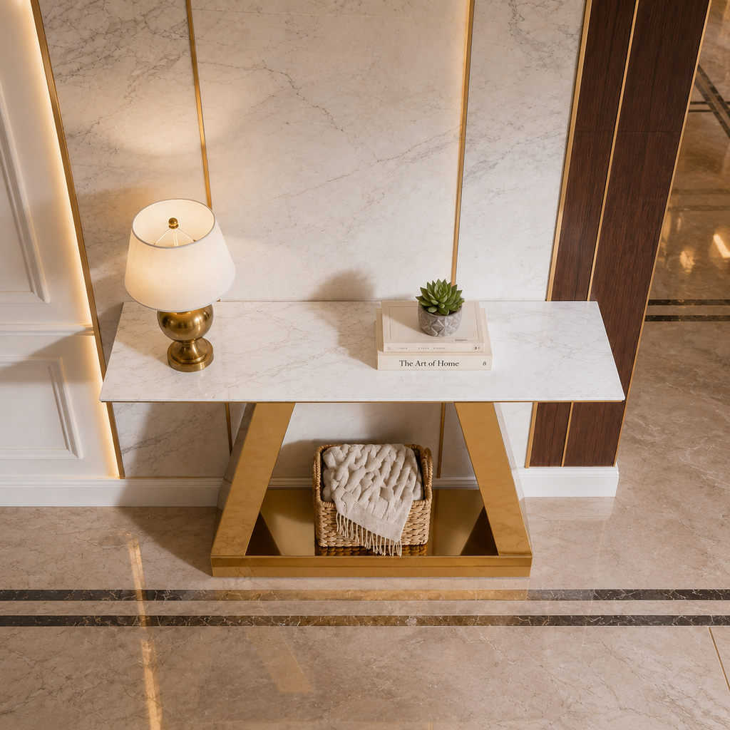 Contemporary Gold Stainless Steel Console Table with White Marble Top