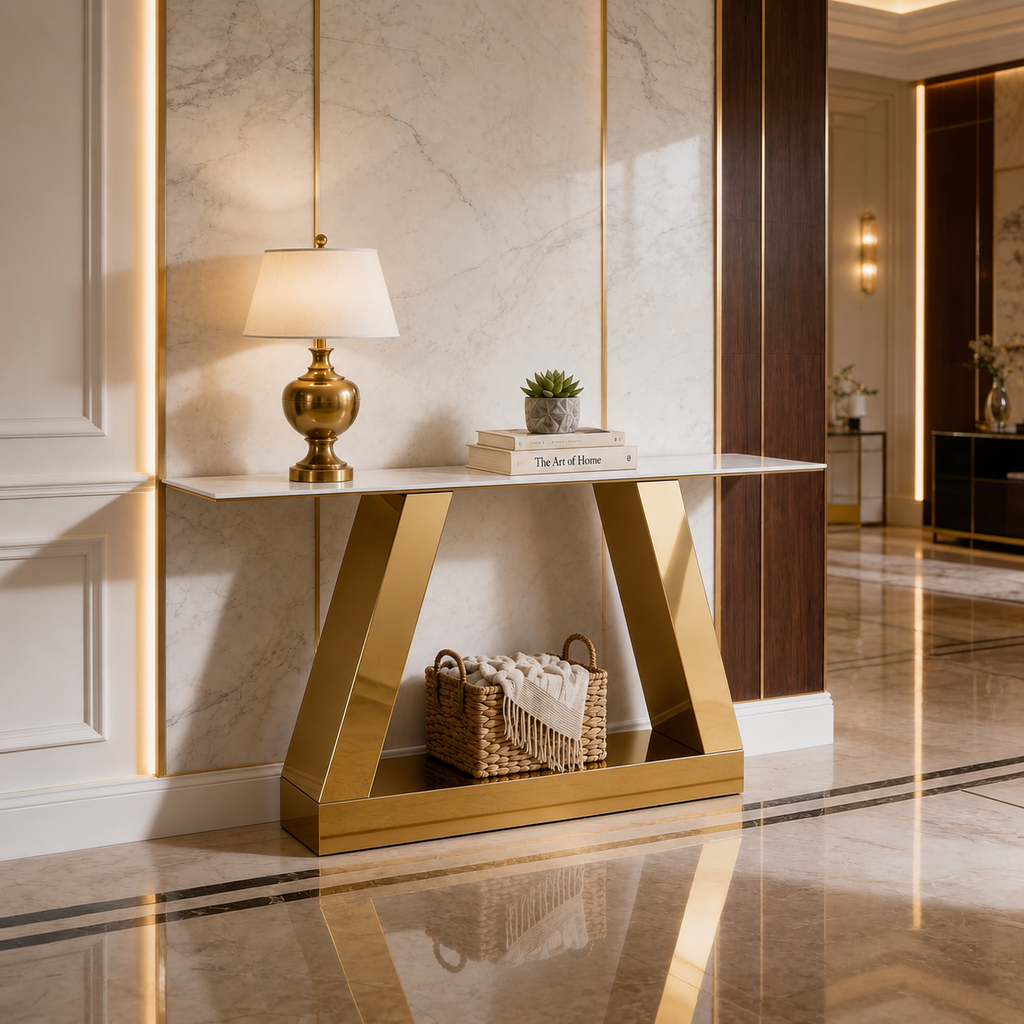 Contemporary Gold Stainless Steel Console Table with White Marble Top