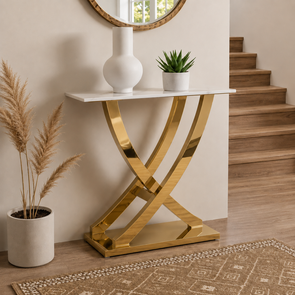 Luxury X-Frame Gold SS Console Table with White Marble Top