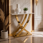 Luxury X-Frame Gold SS Console Table with White Marble Top