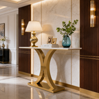 Luxury Crescent Base Gold SS Console Table with Marble Top