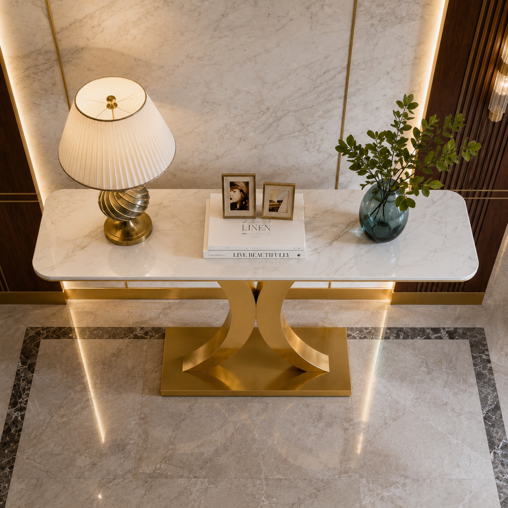 Luxury Crescent Base Gold SS Console Table with Marble Top