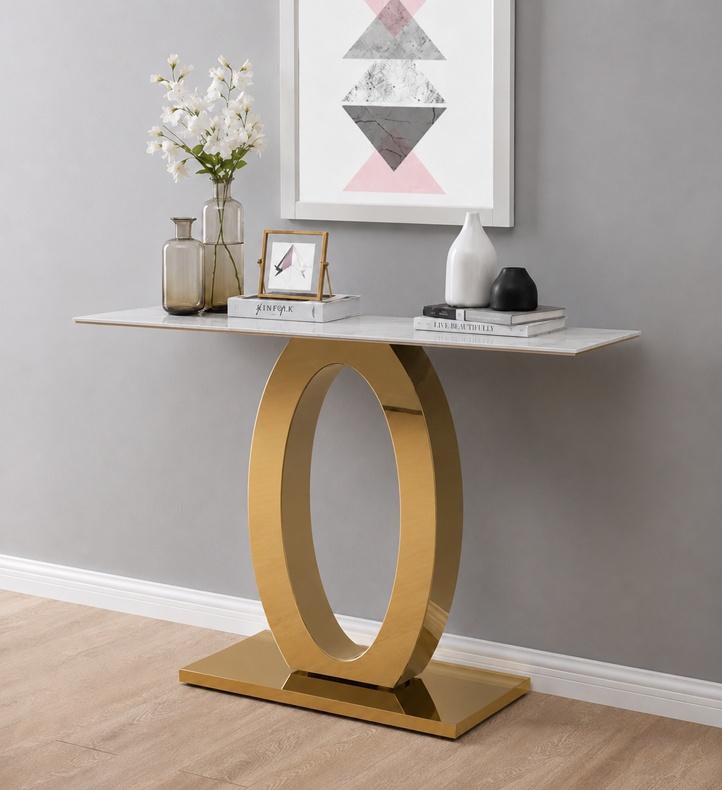Luxury Oval Ring Base Gold SS Console Table with Marble Top