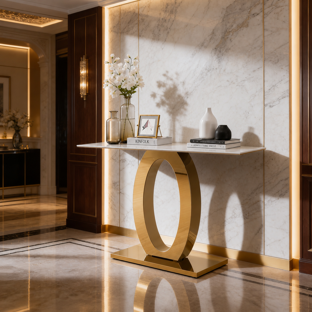 Luxury Oval Ring Base Gold SS Console Table with Marble Top