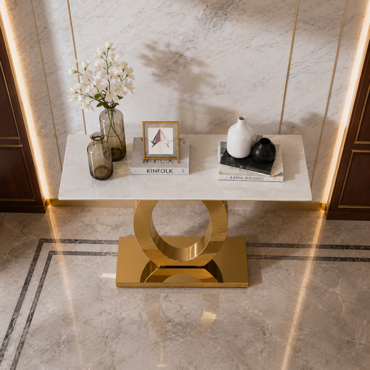Luxury Oval Ring Base Gold SS Console Table with Marble Top