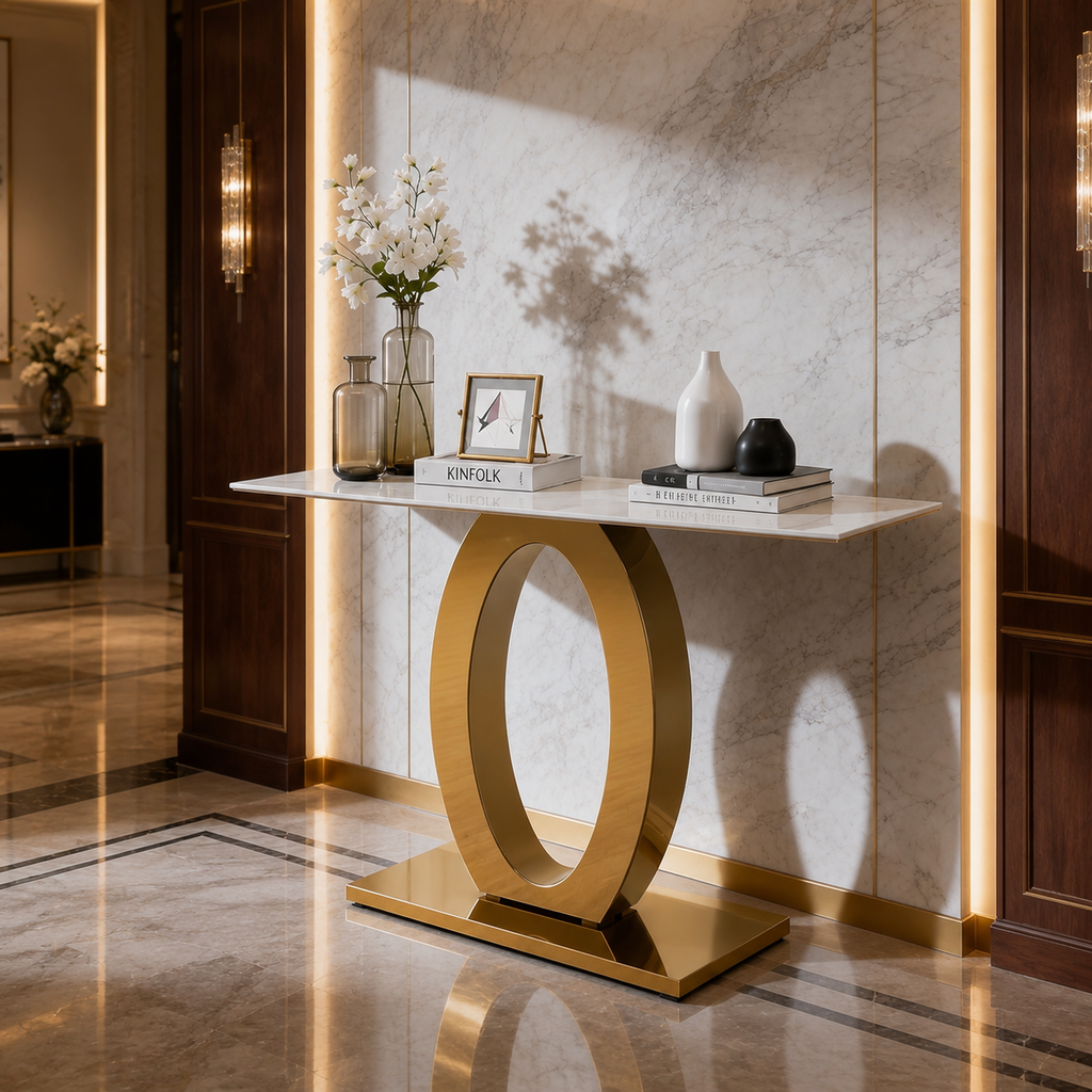 Luxury Oval Ring Base Gold SS Console Table with Marble Top