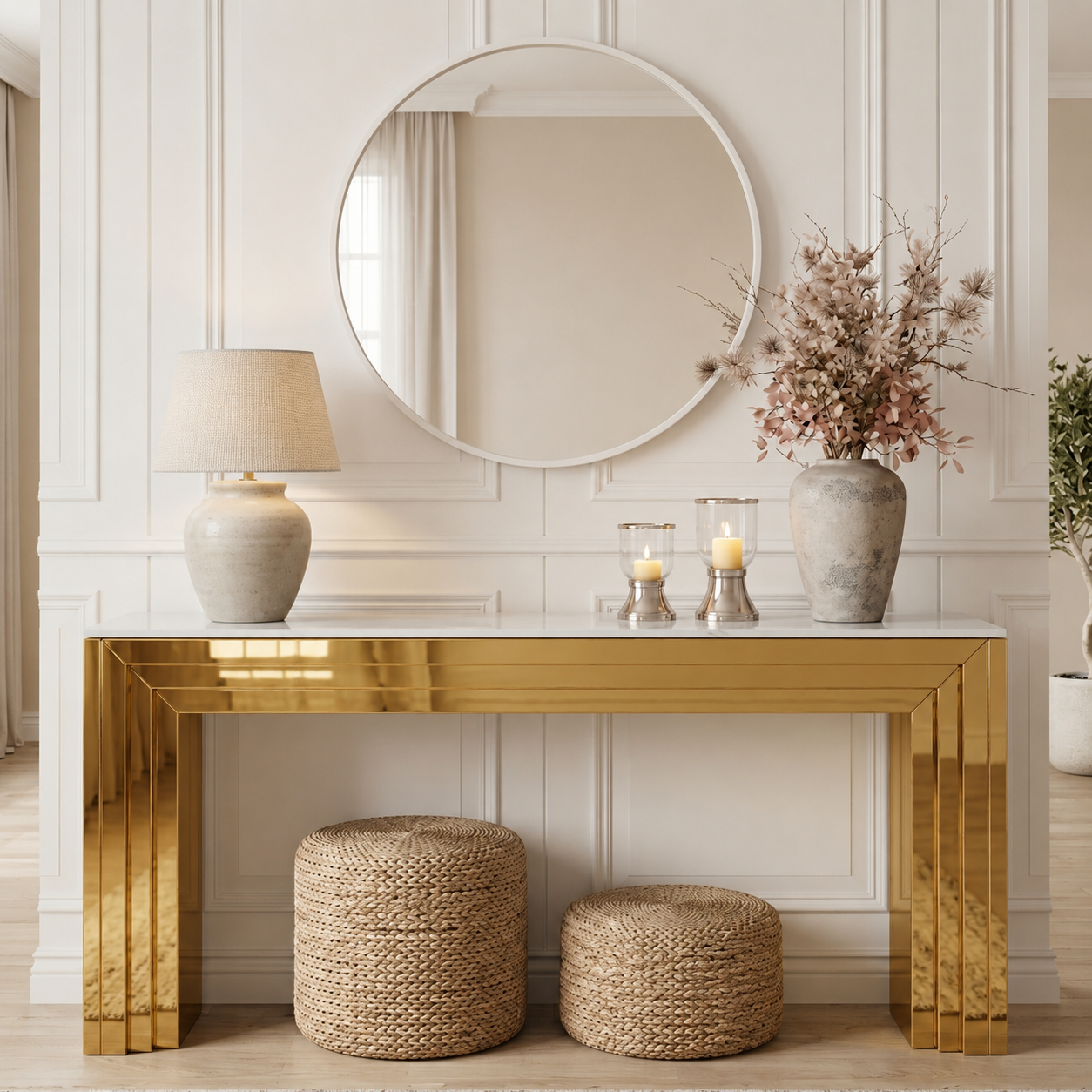 Premium Gold Stainless Steel Tiered Frame Console Table – Marble Top