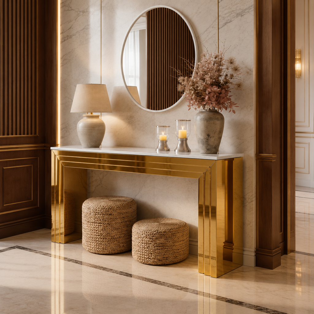 Premium Gold Stainless Steel Tiered Frame Console Table – Marble Top