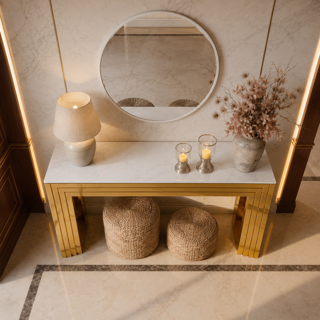 Premium Gold Stainless Steel Tiered Frame Console Table – Marble Top