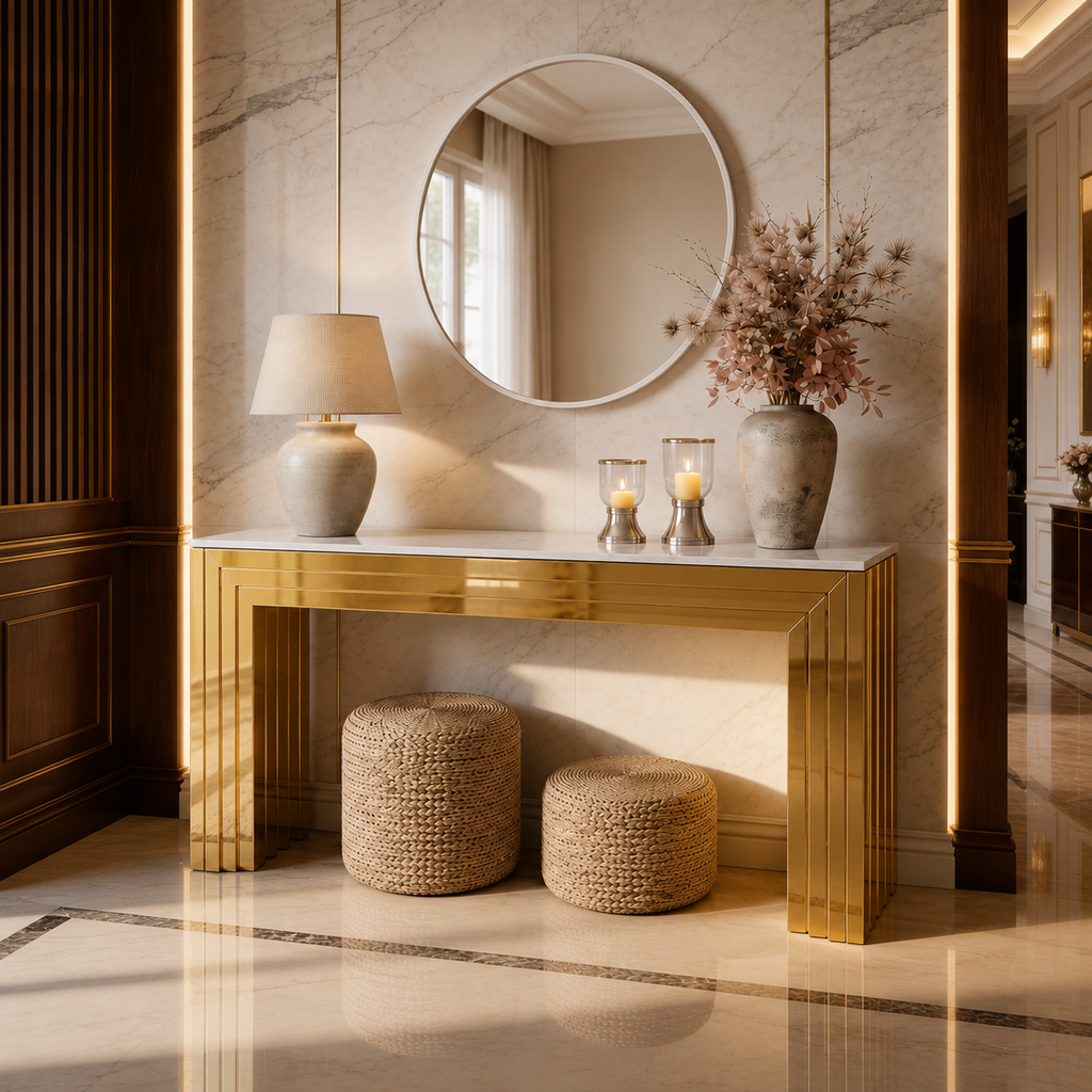 Premium Gold Stainless Steel Tiered Frame Console Table – Marble Top